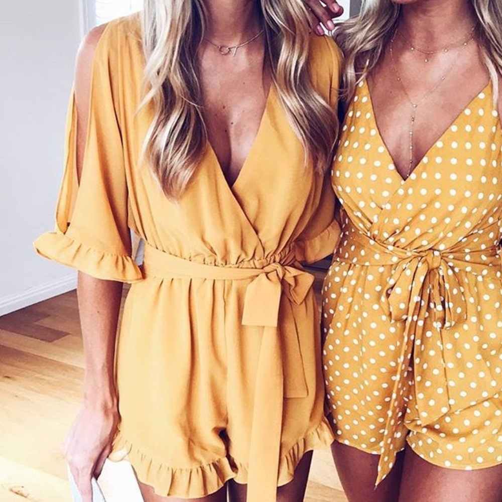 Romper (solid yellow/mustard on left)